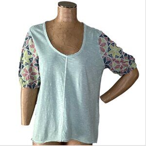 Sundance Embroidered Short Sleeve Top Sz L Sage Green Cotton Slub Knit #228K